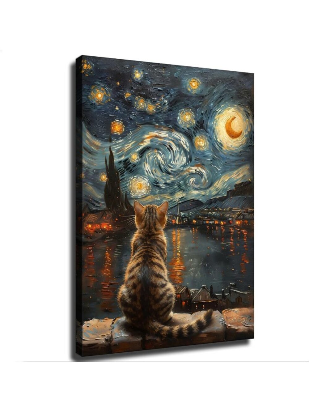 Framed Cat Canvas Art - Starry Night Sky Village Landscape Home Decor 24x36